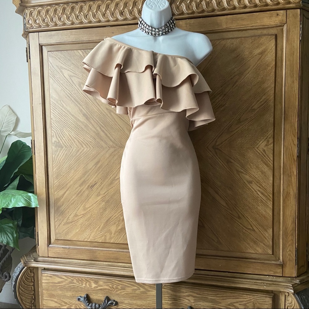 Boohoo Tan One Shoulder Ruffle Midi Dress